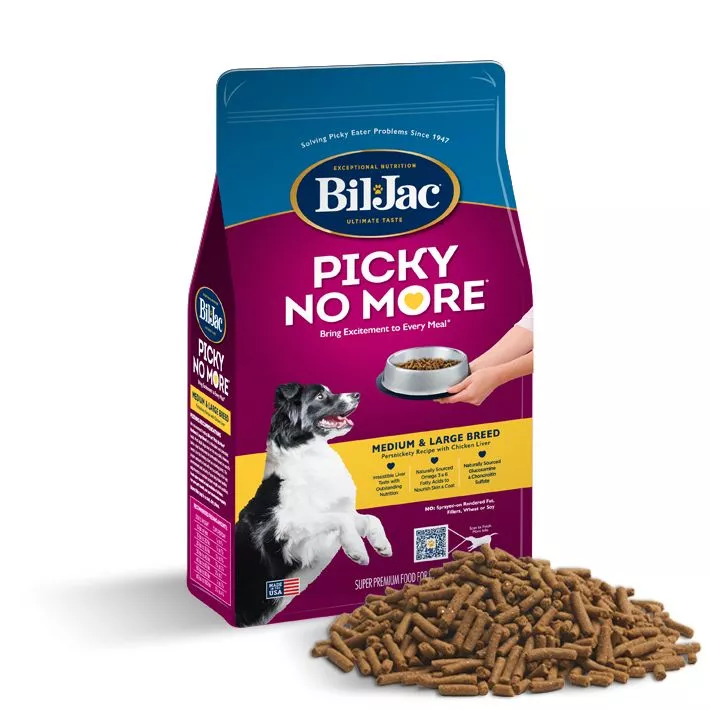 Bil-Jac Picky No More Medium & Large Breed Dog Food package front with food