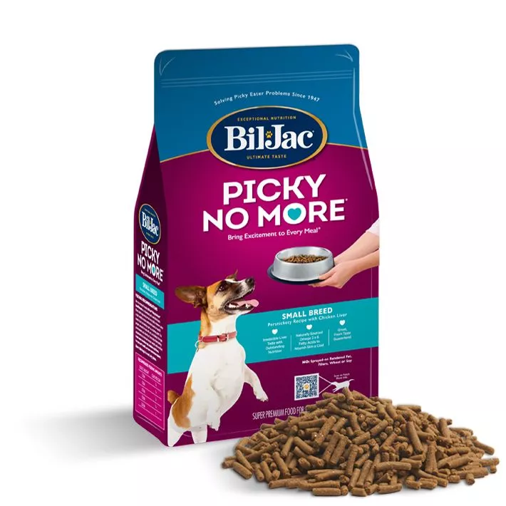 Bil-Jac Picky No More Small Breed Dog Food package front with food