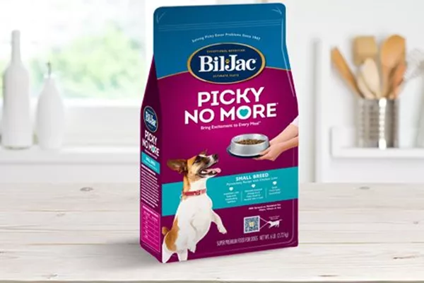 Bil-Jac Picky No More Small Breed Dog Food package front on countertop