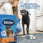 Dog looking happily at woman with Bil-Jac Large Breed Dog Food